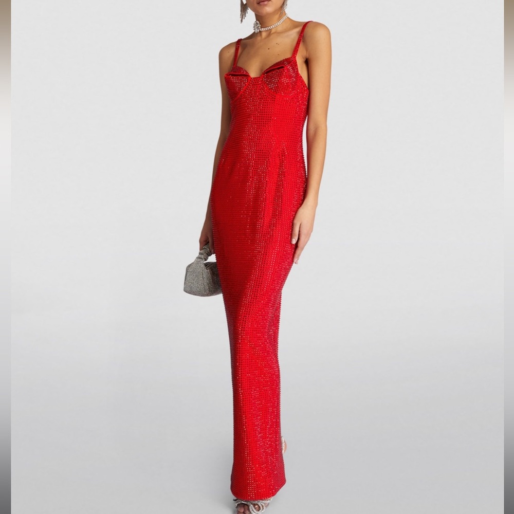 AREA NYC Red Embellished Crystal Gown